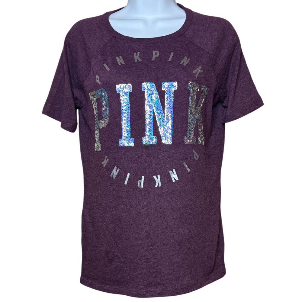 PINK Victoria’s Secret T-shirt Campus Tee Y2K Sequins Maroon Silver Size XS